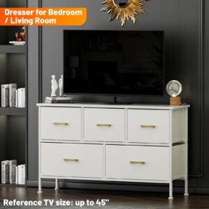 YILQQPER Dresser for Bedroom with 5 Drawers, White Dresser for Closet, Living Room, TV Stand, Nursery, Chest of Drawers with Sturdy Steel Frame, Leather Finish, Wood Top (Glacier White)