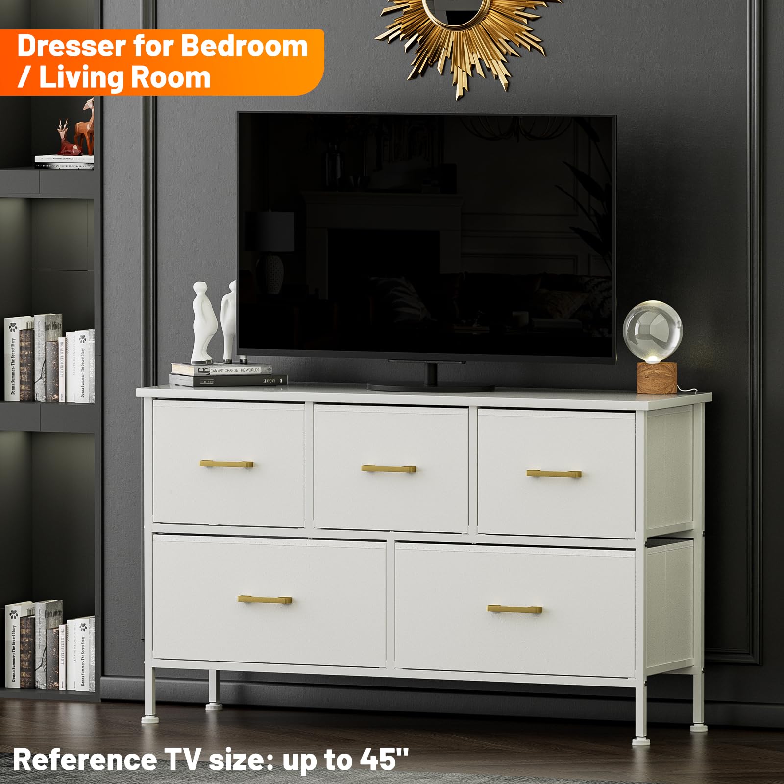 YILQQPER Dresser for Bedroom with 5 Drawers, White Dresser for Closet, Living Room, TV Stand, Nursery, Chest of Drawers with Sturdy Steel Frame, Leather Finish, Wood Top (Glacier White)