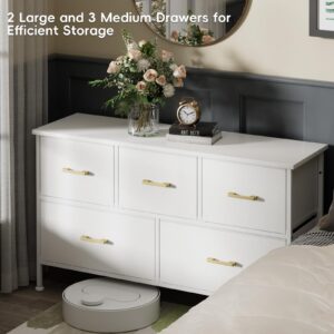 YILQQPER Dresser for Bedroom with 5 Drawers, White Dresser for Closet, Living Room, TV Stand, Nursery, Chest of Drawers with Sturdy Steel Frame, Leather Finish, Wood Top (Glacier White)