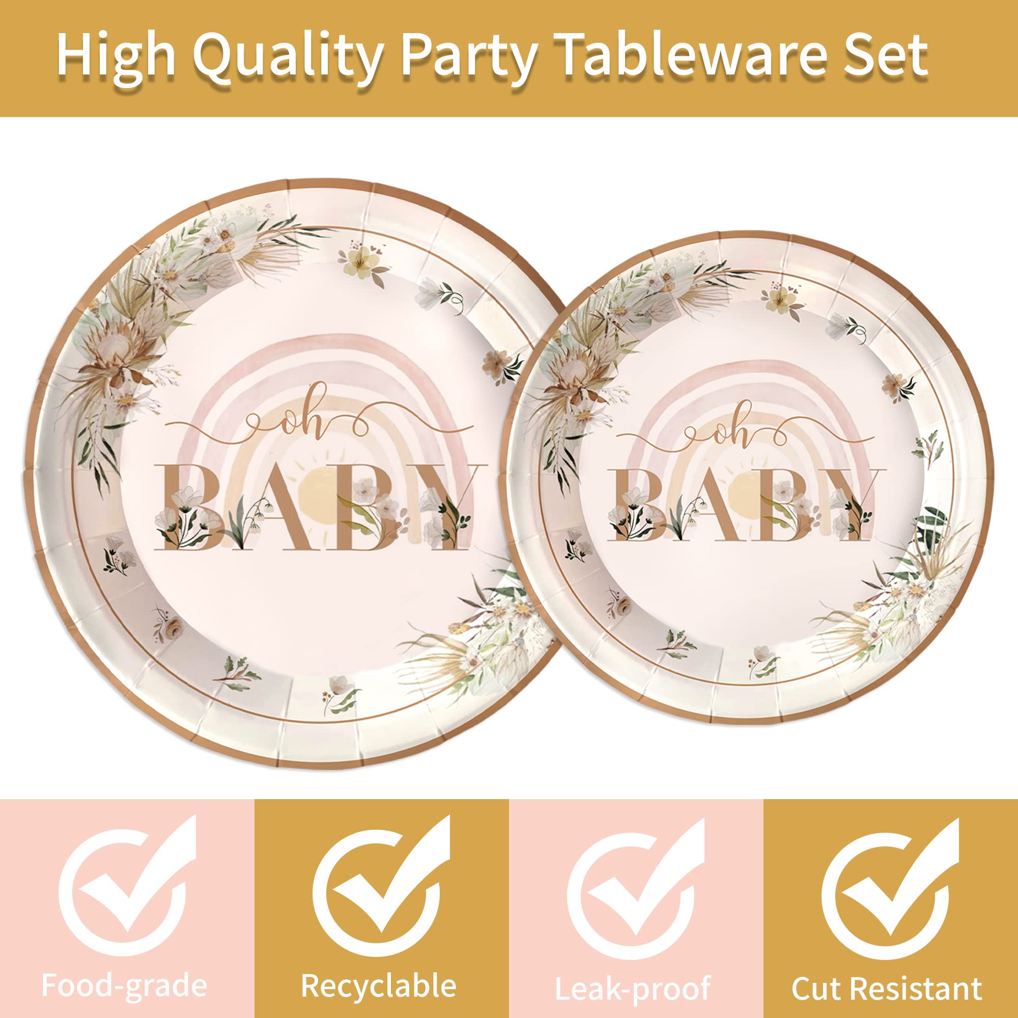 Oigco 168pcs Boho Rainbow Baby Shower Paper Plates Napkins Cups Baby Shower Party Supplies Tableware Set Girls Spring Party Decoration for 24 Guests