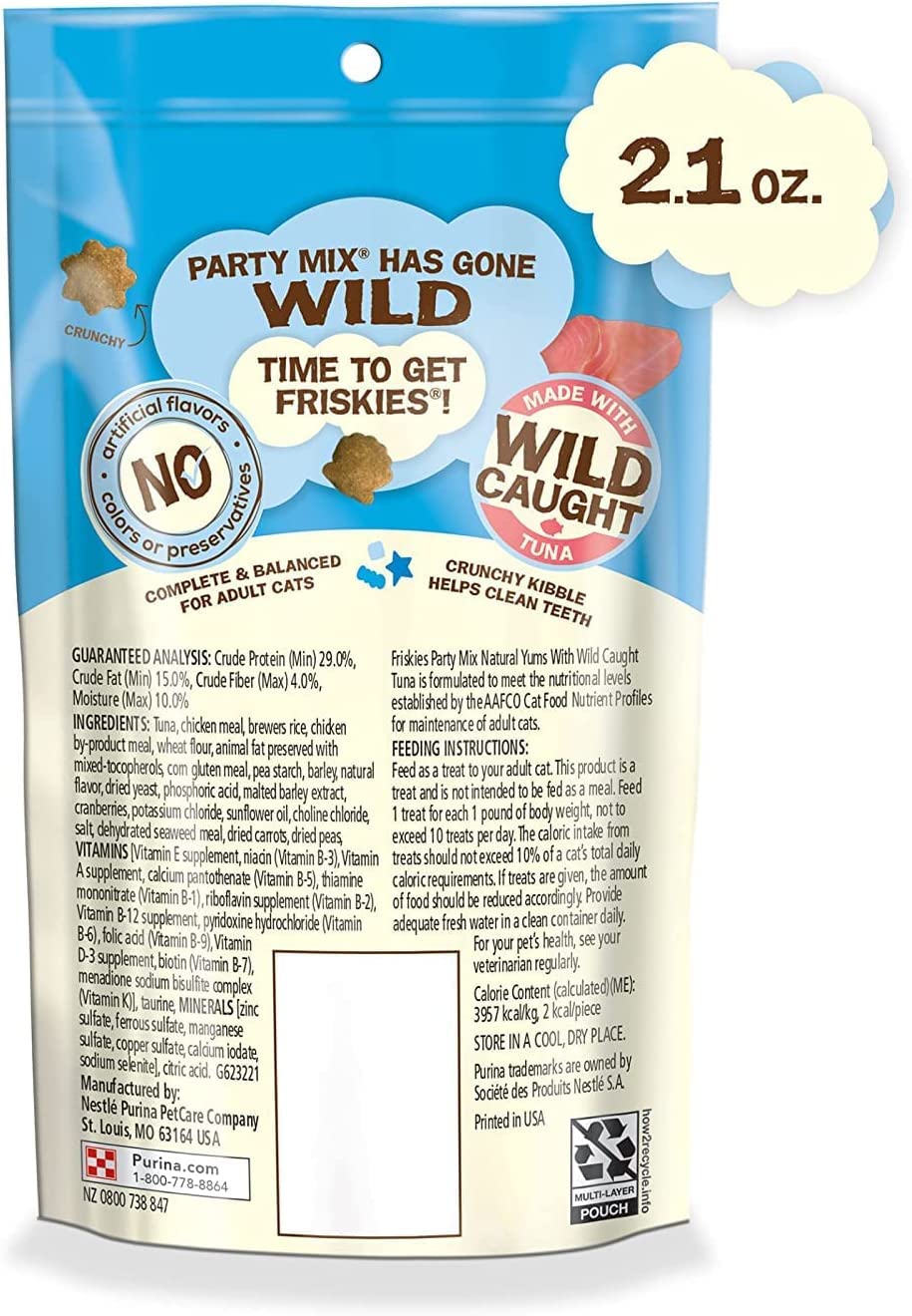 Aurora Pet Variety Pack (5) Friskies Party Mix Natural YUMS Cat Treats (Salmon, Tuna, Chicken, Shrimp, Catnip) 2.1-oz Each with AuroraPet Wipes