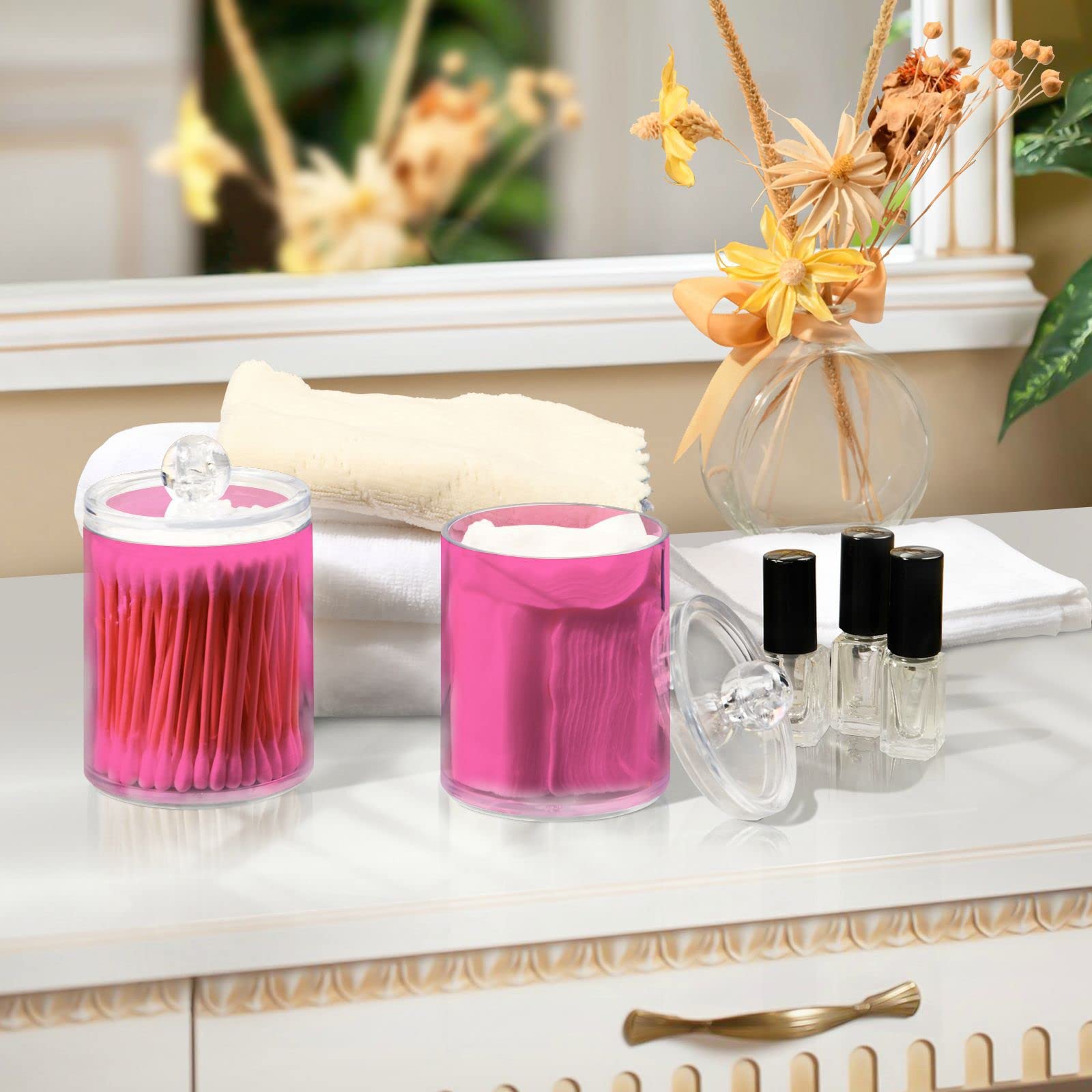 Gredecor 2 Pack Qtip Holder Clear Hot Pink Apothecary Jars with Lids Plastic Acrylic Bathroom Jars Vanity Countertop Canister Storage Organizer for Cotton Ball,Swabs,Pads,Floss