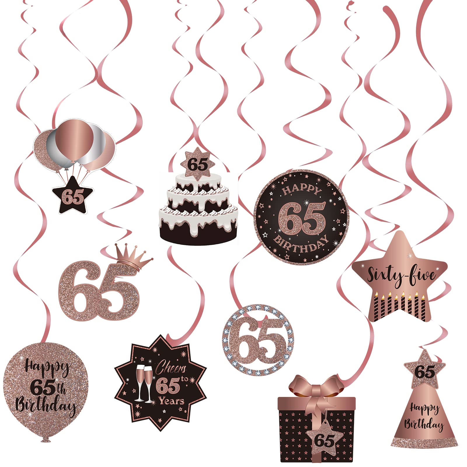 Happy 65th Birthday Party Hanging Swirls Streams Ceiling Decorations, Celebration 65 Foil Hanging Swirls with Cutouts for 65 Years Old Rose Gold Birthday Party Decorations Supplies