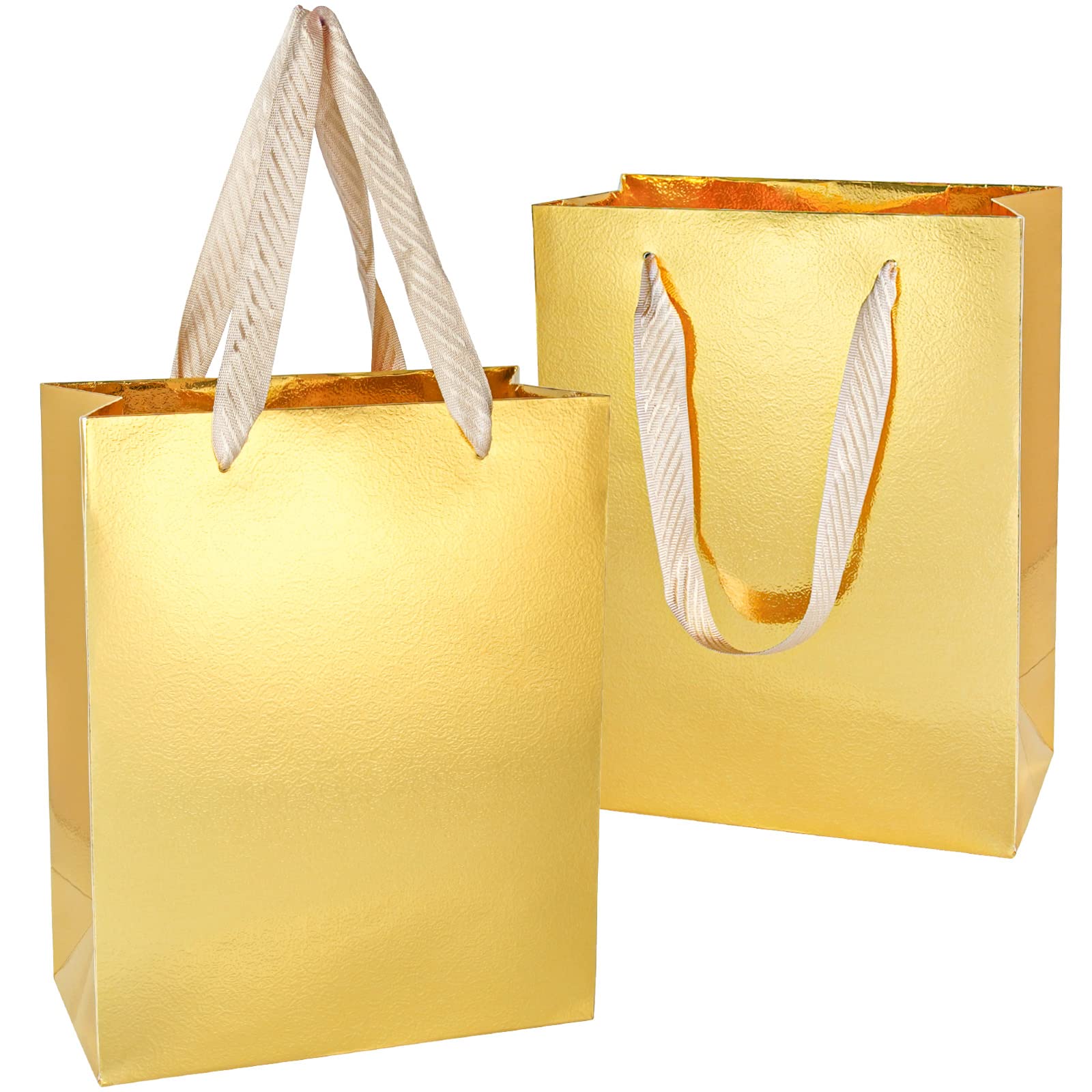 UnicoPak Gold Gift Bags Medium Size 8x4x10 20Pcs, Glossy Finish Waterproof Surface with Embossed Pattern, Gift Bags with Handles Gold Gift Bags for Birthday, Party, Wedding, Shopping