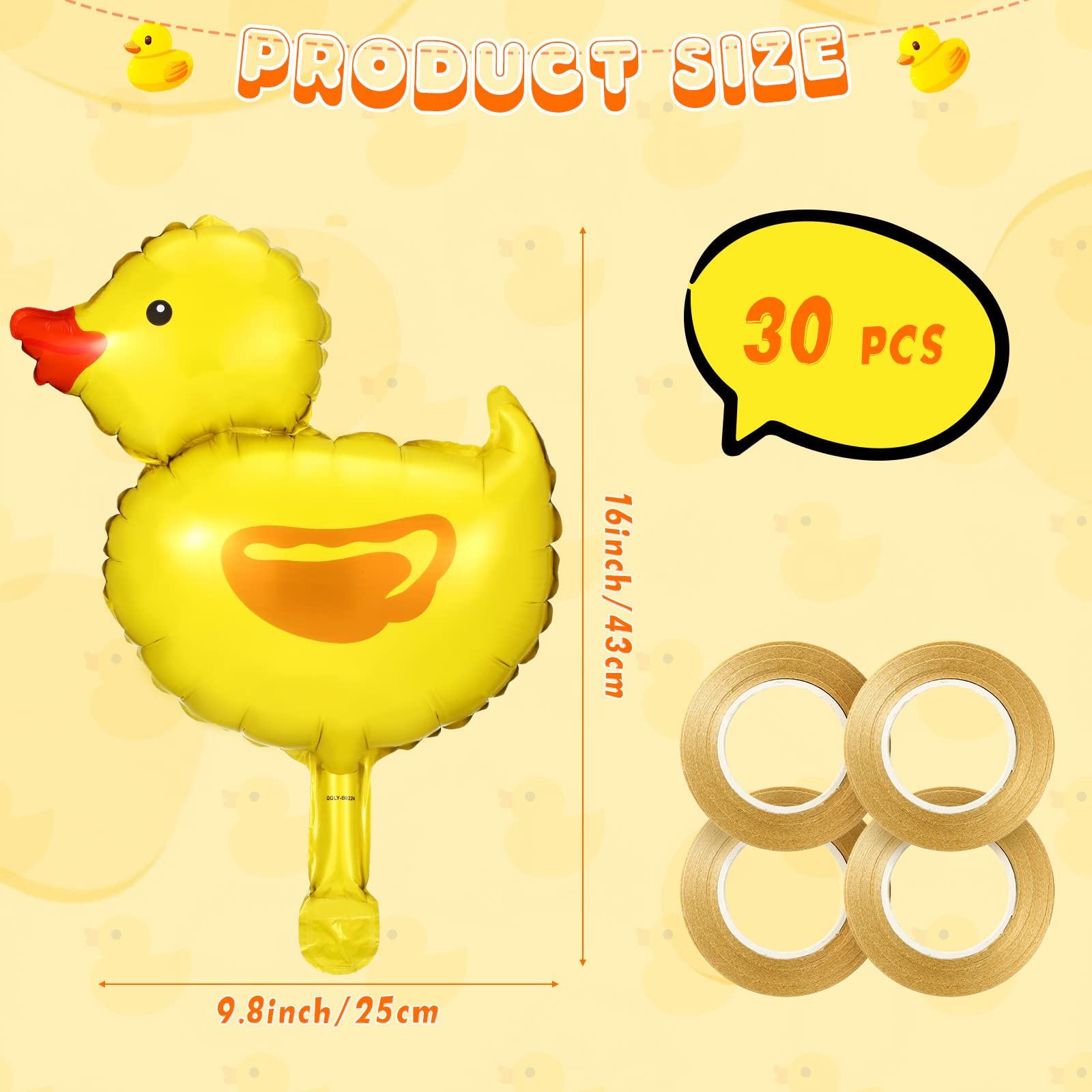 Meooeck 30 Pcs Duck Balloon Mini Duck Shape Foil Balloon Duck Birthday Decorations, Farm Animal Head Foil Balloon with 4 Rolls Gold Ribbons for Kids Birthday Baby Shower Party Decoration