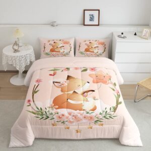 Erosebridal Kids Fox Comforter Set Twin for Girls Boys Woodland Animal Bedding Set, Pink Flower Bedding Comforter Sets Cute Stars Duvet Insert, Kawaii Jungle Wildlife Quilted Duvet Butterfly Decor