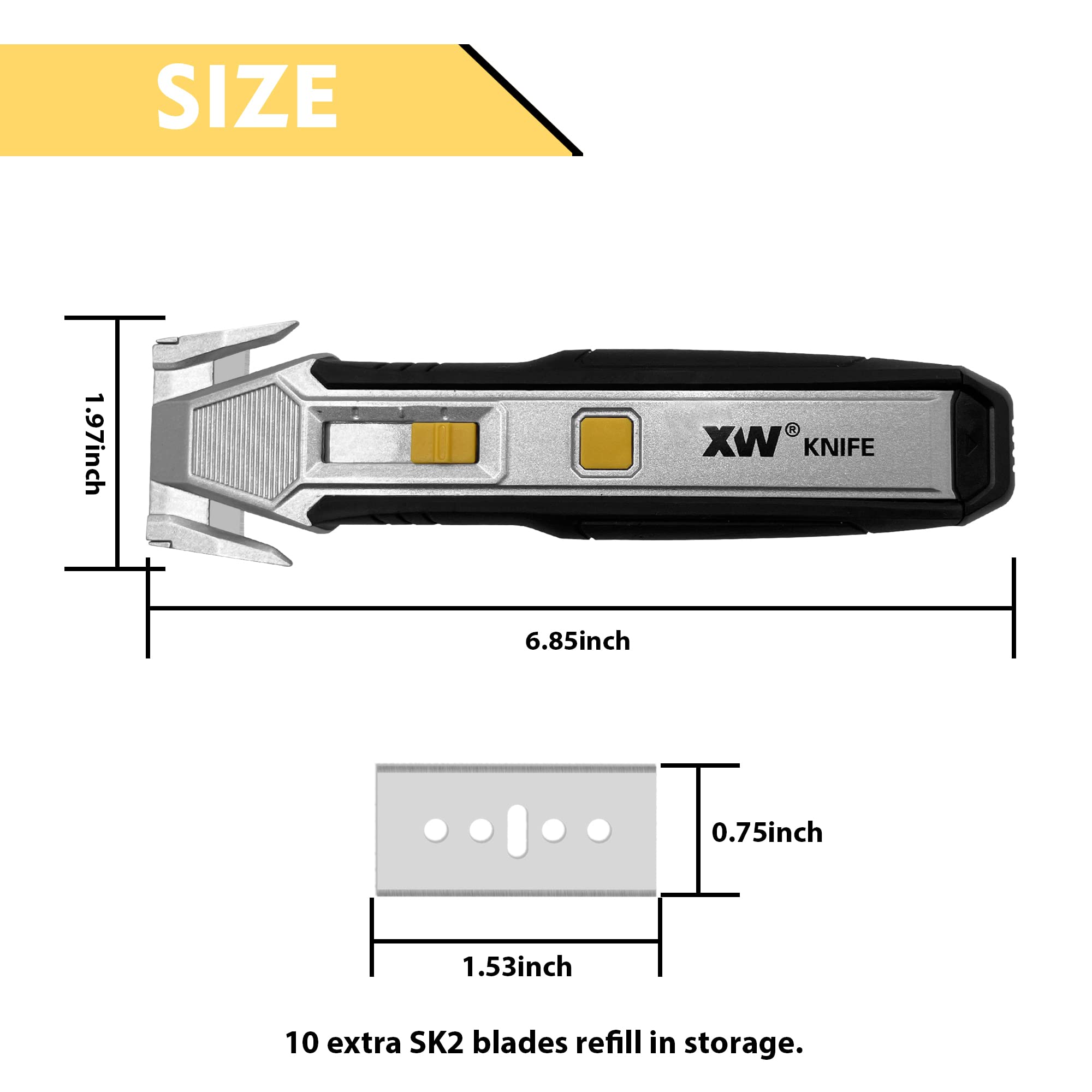 XW Heavy Duty Scraper Utility Knife with Safety Box Cutter, 2-in-1 Tool with 10 Spare SK2 Blades in Storage