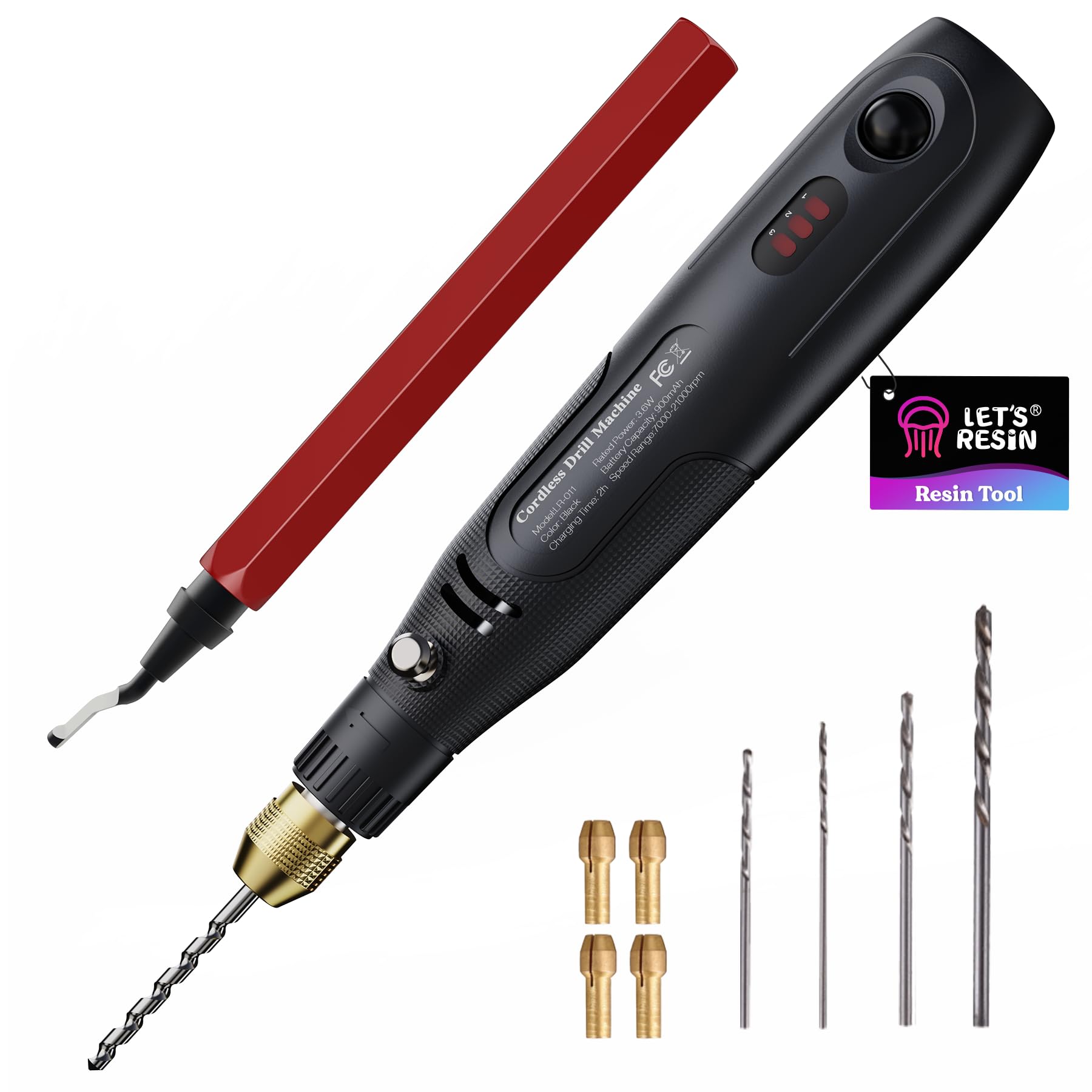 LET'S RESIN Cordless Resin Drill,3-speed Adjustment &Rechargeable Jewelry Drill with Deburring Tool&19Pcs Accessories,Multi-Purpose Hand Drill Resin Tool for Resin Molds, Keychain Molds