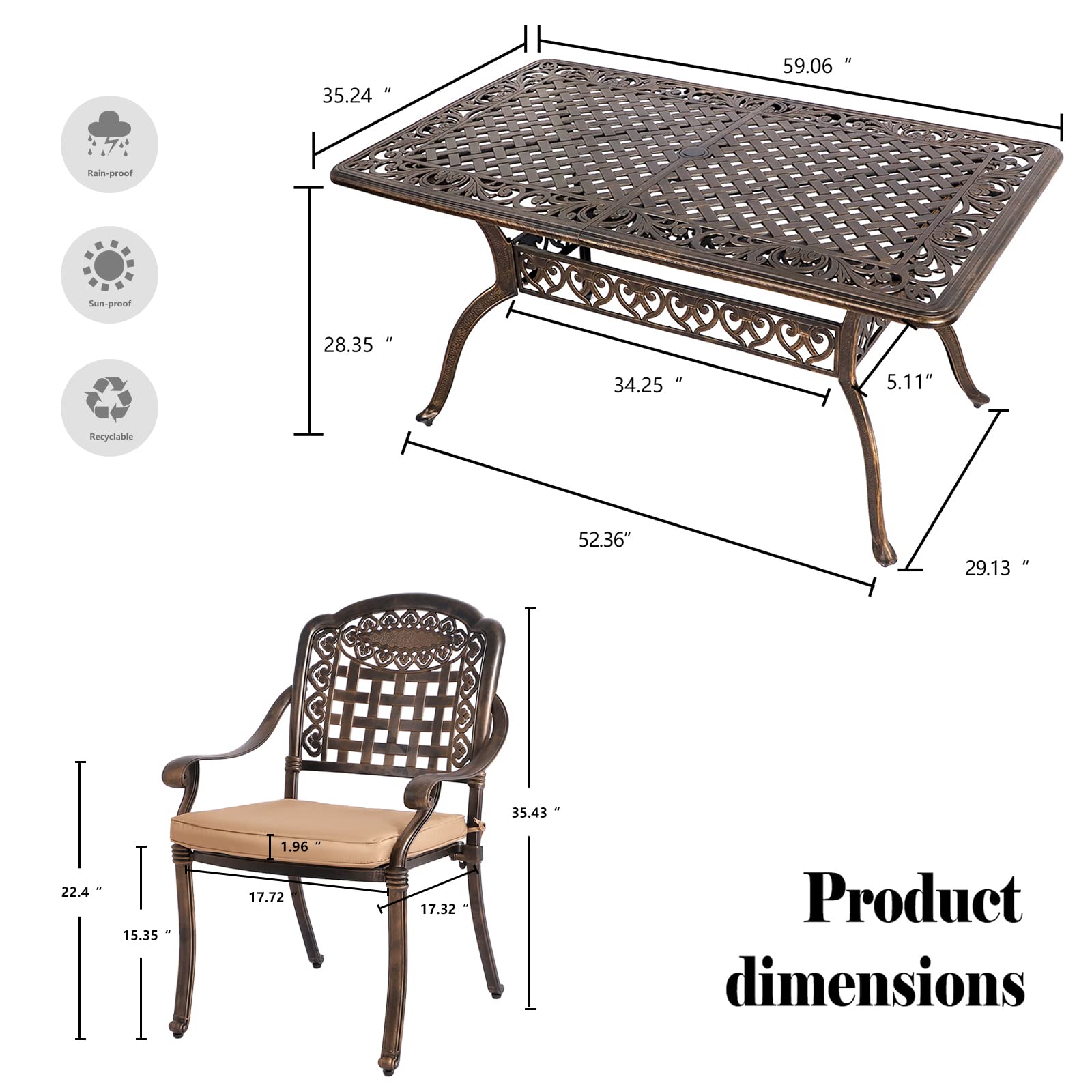 TITIMO 7 Piece Cast Aluminum Patio Dining Set, Outdoor Dining Furniture Patio Table and Chairs Set with 6 Outdoor Stackable Chairs & 1 Rectangle Dining Table for Backyard Garden Deck