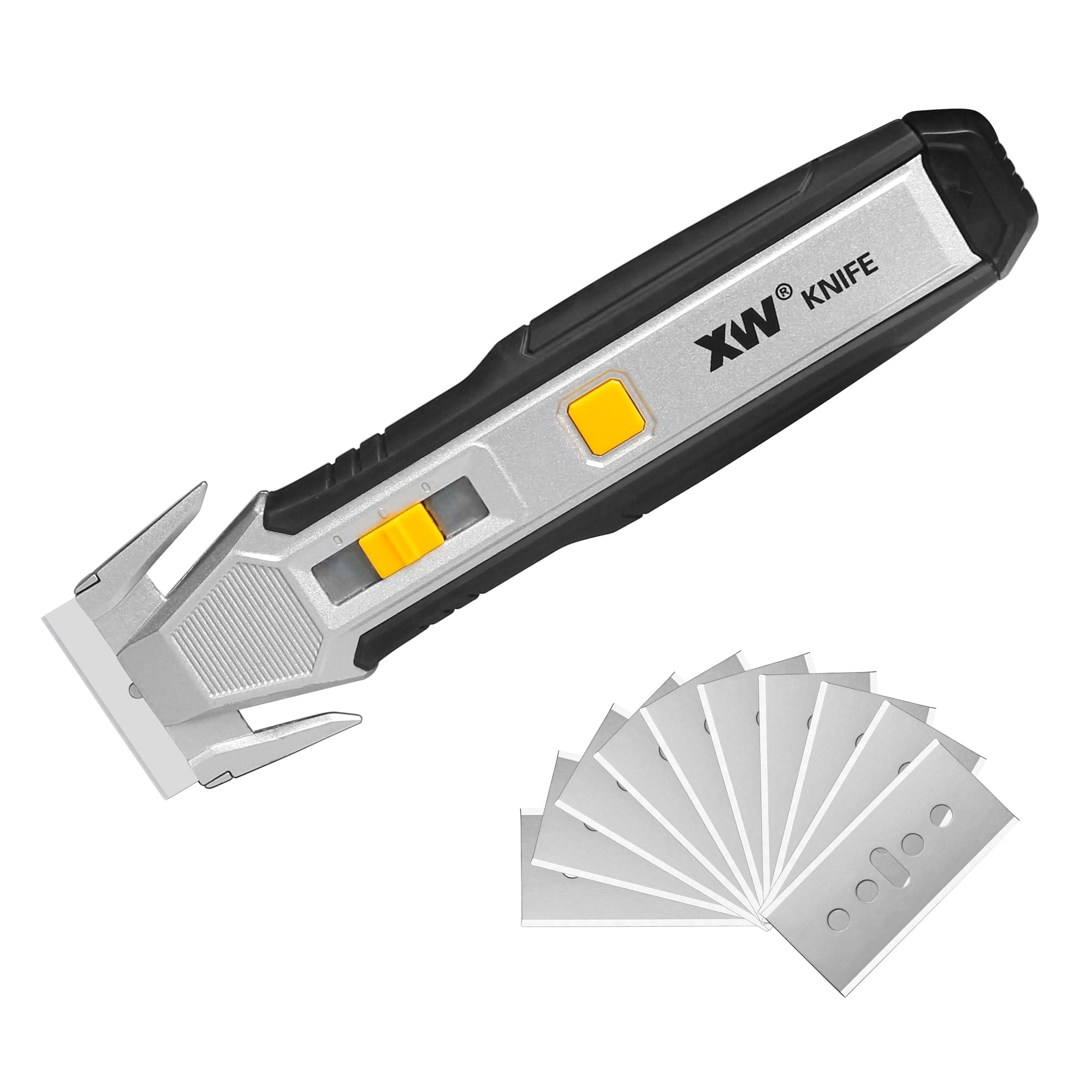 XW Heavy Duty Scraper Utility Knife with Safety Box Cutter, 2-in-1 Tool with 10 Spare SK2 Blades in Storage