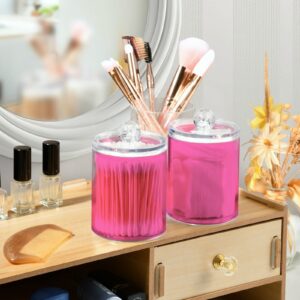 Gredecor 2 Pack Qtip Holder Clear Hot Pink Apothecary Jars with Lids Plastic Acrylic Bathroom Jars Vanity Countertop Canister Storage Organizer for Cotton Ball,Swabs,Pads,Floss