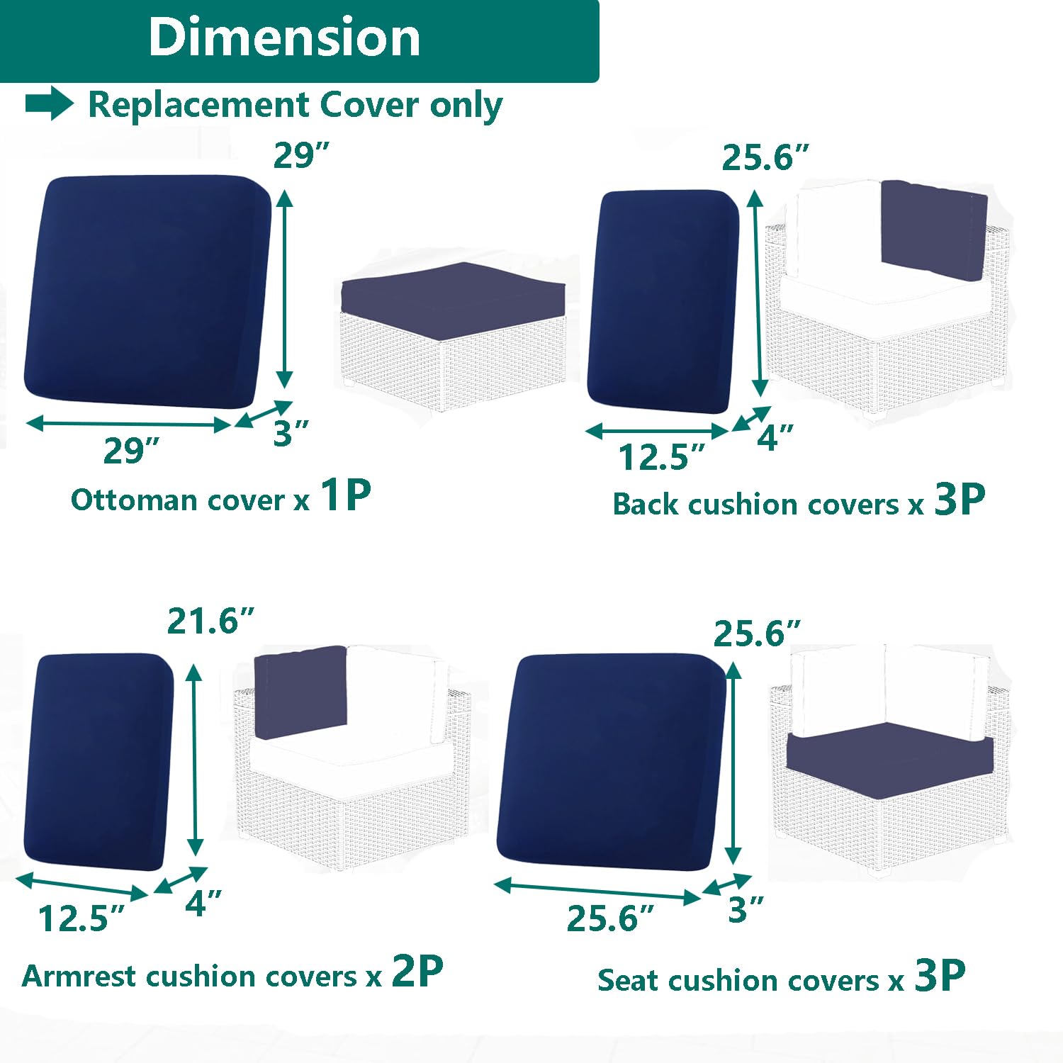 TECOSARA Patio Cushion Covers Replacement Outdoor Cushion Slipcovers Waterproof for Outdoor Furniture, 9 Pcs Patio Seat Cushions Replacement Covers for 5 Piece Outdoor Sectional Sofa, Blue