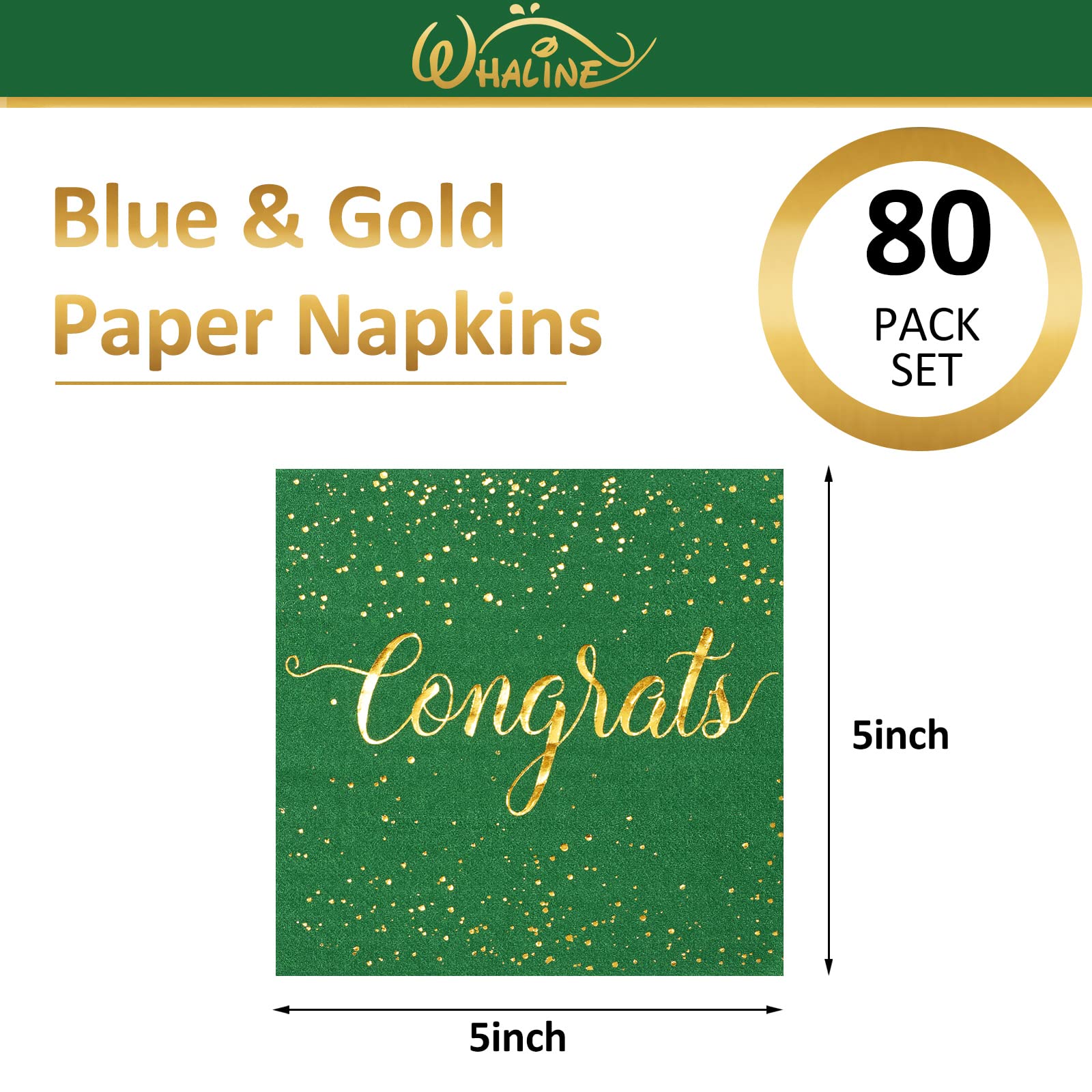 Whaline 80 Pack Graduation Paper Napkins 5 x 5 Inch Gold Foil Congrats Cocktail Napkins Green Graduation Party Disposable Beverage Napkins for Engagement Graduation Baby Shower Celebration Party