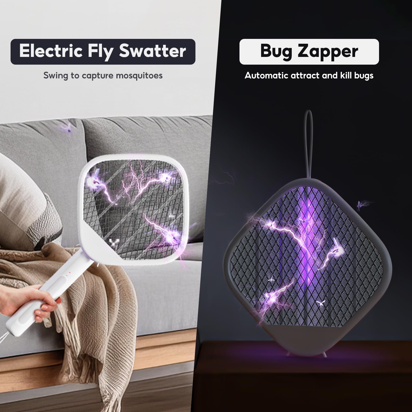 Qualitell Fly Swatter Electric Zapper Rechargeable, Mosquito Zapper Racket Kills Mosquitoes in Corners, Fly Zapper Folding Hanging Standing Handheld LED UV Bug Trap Light for Indoor Outdoor