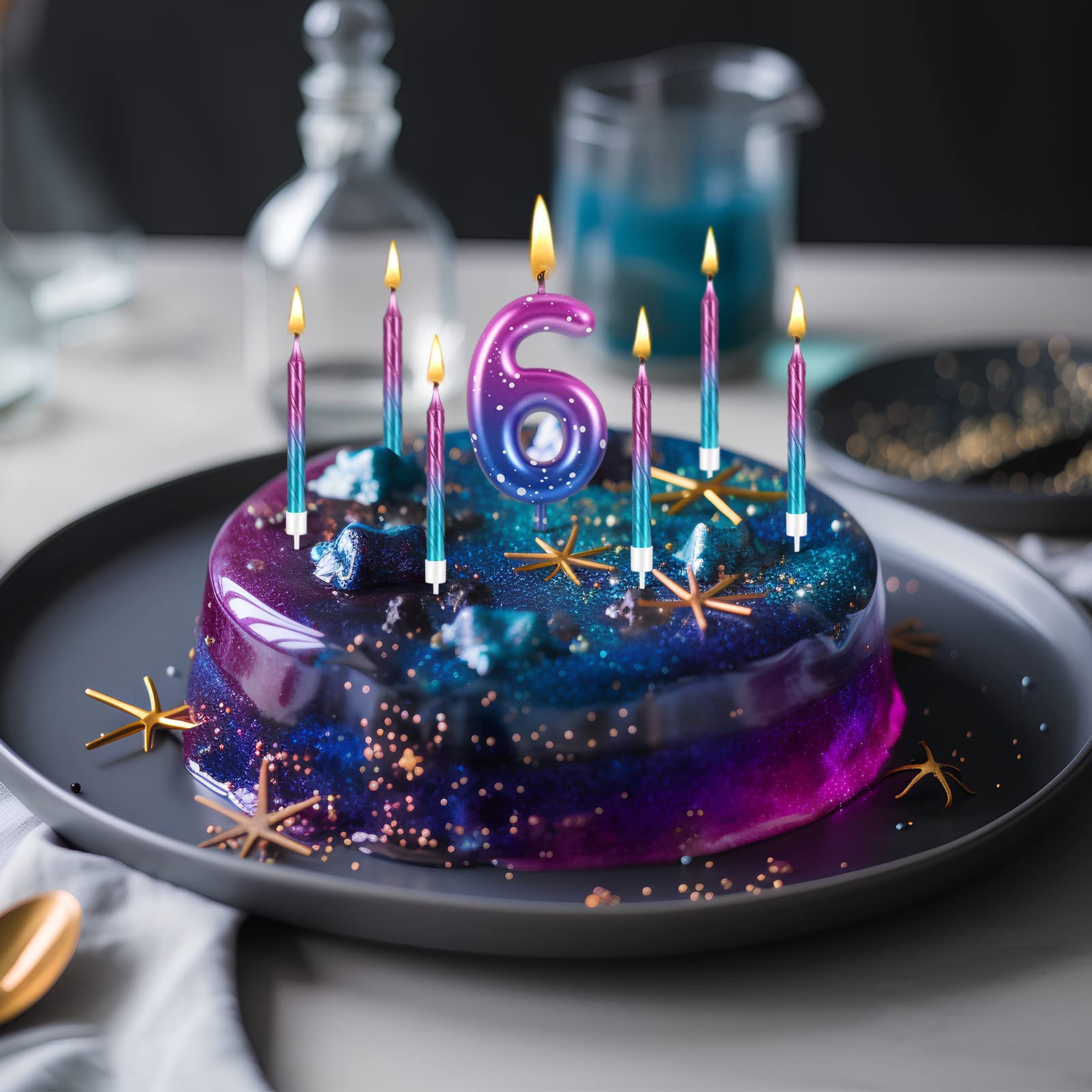 Landhoow 2.36 Inch Birthday Candles Purple to Blue Gradient Candle with 12 Pcs Gradient Spiral Candle for Baby Birthday Cake Topper Anniversary Wedding Party Decor (Number 6)