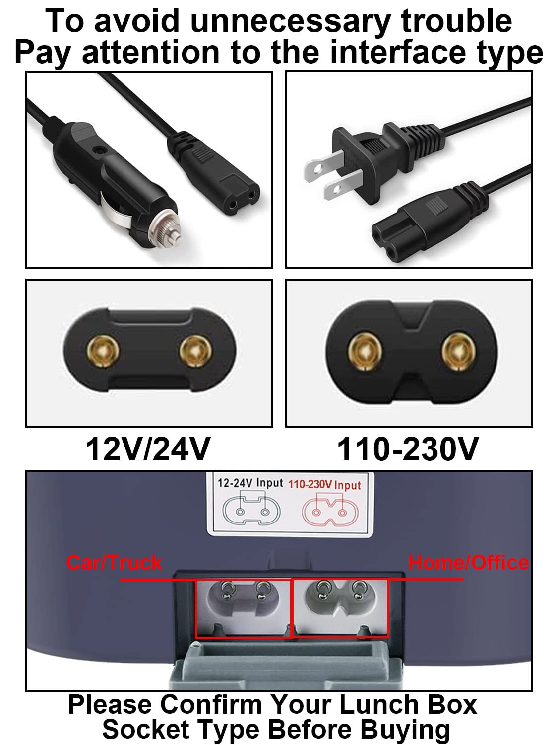 Buddew Power Cord - 12/24V/Car Charger & 110-230V Home/Office Wall Charger Compatible wtih Buddew Electric Lunch Box ABY Series, Portable Electric Heating Bento Box Power Cable