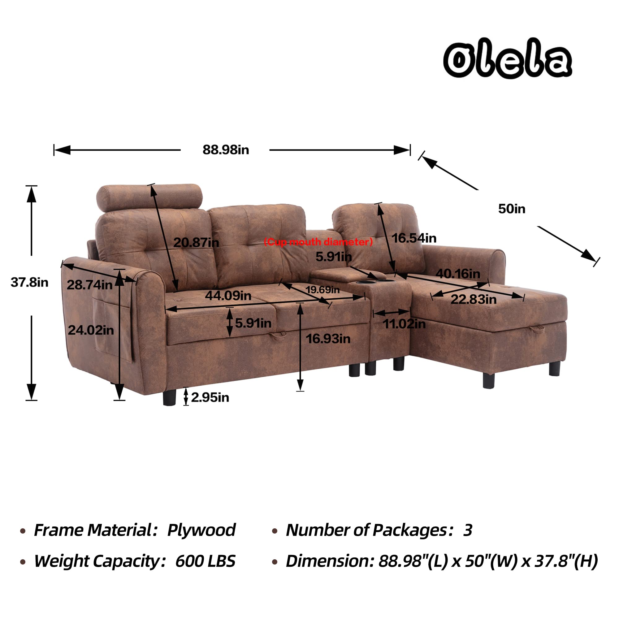 Olela L Shaped Couch,Microfiber Fabric Modular Sectional Sofa Modern Convertible Storage Couches with Side Pocket Tufted Back for Living Room,Apartment (Coffee)