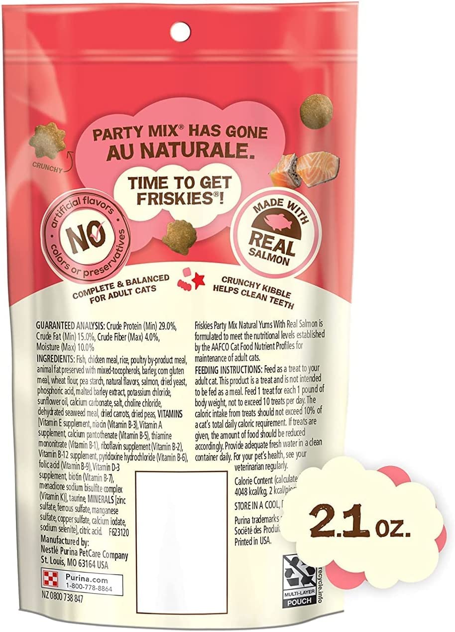 Aurora Pet Variety Pack (5) Friskies Party Mix Natural YUMS Cat Treats (Salmon, Tuna, Chicken, Shrimp, Catnip) 2.1-oz Each with AuroraPet Wipes