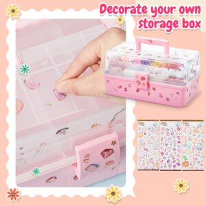 Rtteri Hair Accessories Organizer 13 Inch Hair Accessories Storage Box with Fold Tray and Handle 3 Layers Plastic Tool Box Hair Accessories Organizer Box for Art Sewing Nail with Stickers (Pink)