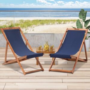 yewuli patio lounge chair outdoor beach sling chair set of 2, wooden reclining patio chairs foldable beach chairs with polyester canvas &solid wood frame patio furniture, blue