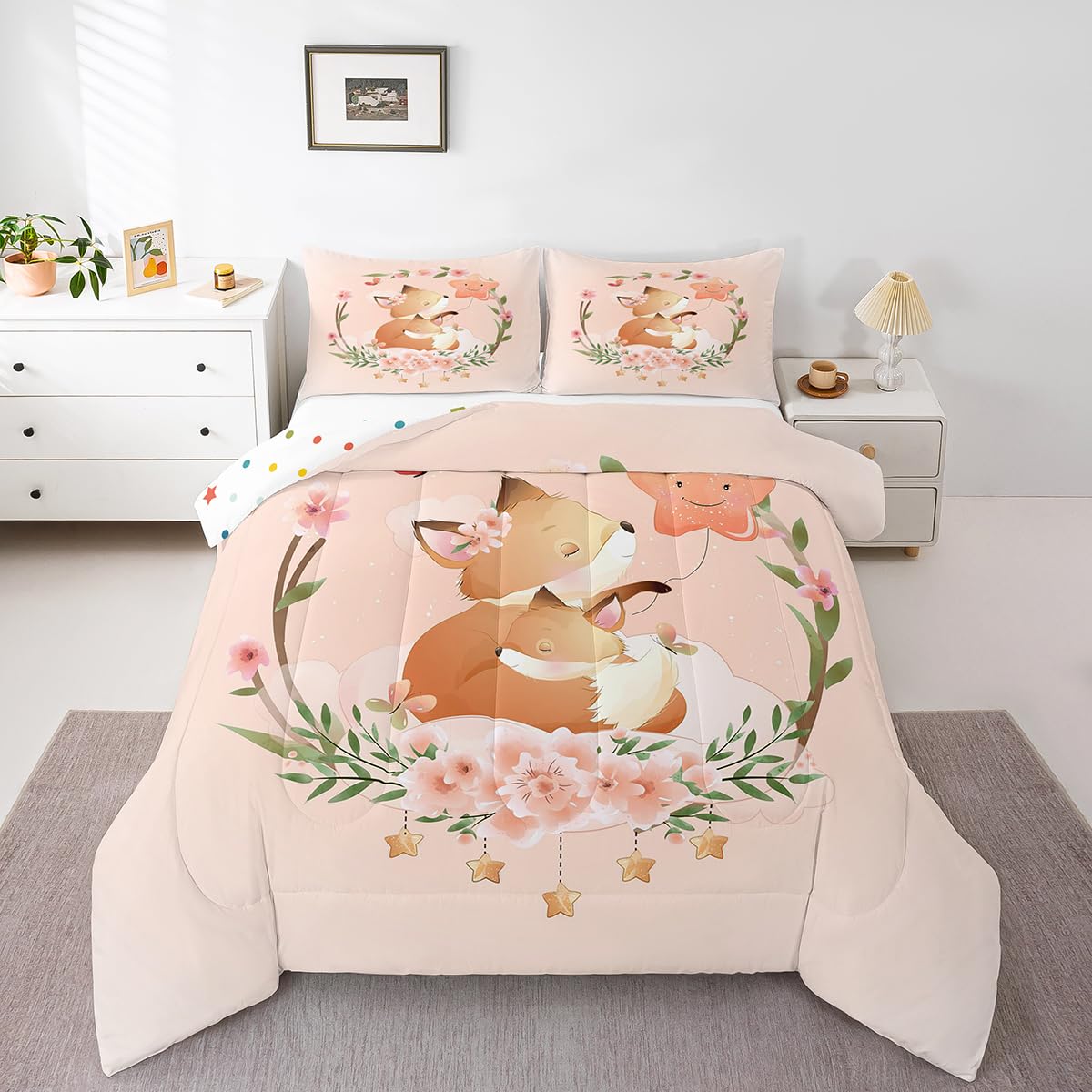 Erosebridal Kids Fox Comforter Set Twin for Girls Boys Woodland Animal Bedding Set, Pink Flower Bedding Comforter Sets Cute Stars Duvet Insert, Kawaii Jungle Wildlife Quilted Duvet Butterfly Decor