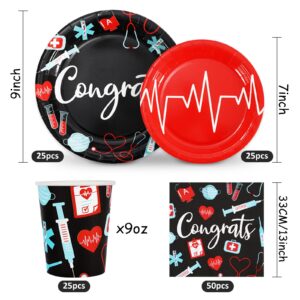 Whaline 125Pcs 2024 Nurse Graduation Party Decorations Doctor Nurse Party Tableware Set Congrats Grad Disposable Dinnerware Set 50Pcs Paper Plates 50Pcs Napkin 25Pcs Cups for Graduation Party Supplies