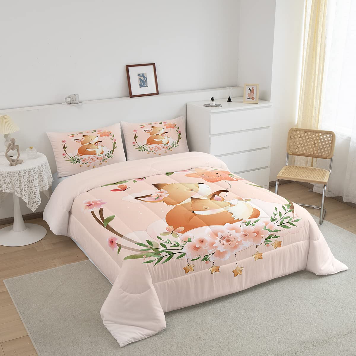 Erosebridal Kids Fox Comforter Set Twin for Girls Boys Woodland Animal Bedding Set, Pink Flower Bedding Comforter Sets Cute Stars Duvet Insert, Kawaii Jungle Wildlife Quilted Duvet Butterfly Decor