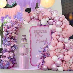 RUBFAC 136pcs Pink Purple Balloon Garland Kit, Butterfly Pink Purple Rose Gold Confetti Latex Balloons for Wedding Bridal Baby Shower Princess Theme Party Decorations