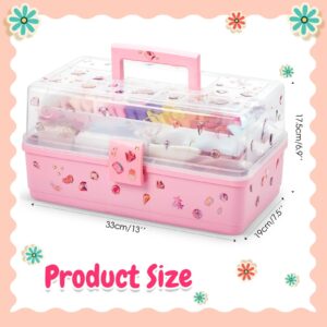 Rtteri Hair Accessories Organizer 13 Inch Hair Accessories Storage Box with Fold Tray and Handle 3 Layers Plastic Tool Box Hair Accessories Organizer Box for Art Sewing Nail with Stickers (Pink)