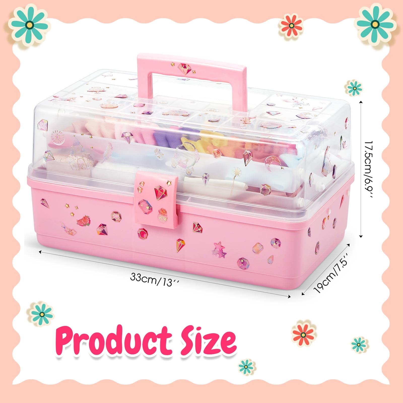 Rtteri Hair Accessories Organizer 13 Inch Hair Accessories Storage Box with Fold Tray and Handle 3 Layers Plastic Tool Box Hair Accessories Organizer Box for Art Sewing Nail with Stickers (Pink)