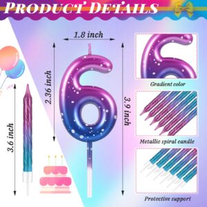 Landhoow 2.36 Inch Birthday Candles Purple to Blue Gradient Candle with 12 Pcs Gradient Spiral Candle for Baby Birthday Cake Topper Anniversary Wedding Party Decor (Number 6)