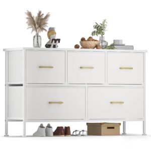 yilqqper dresser for bedroom with 5 drawers, white dresser for closet, living room, tv stand, nursery, chest of drawers with sturdy steel frame, leather finish, wood top (glacier white)