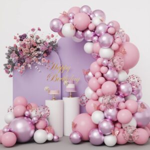 rubfac 136pcs pink purple balloon garland kit, butterfly pink purple rose gold confetti latex balloons for wedding bridal baby shower princess theme party decorations