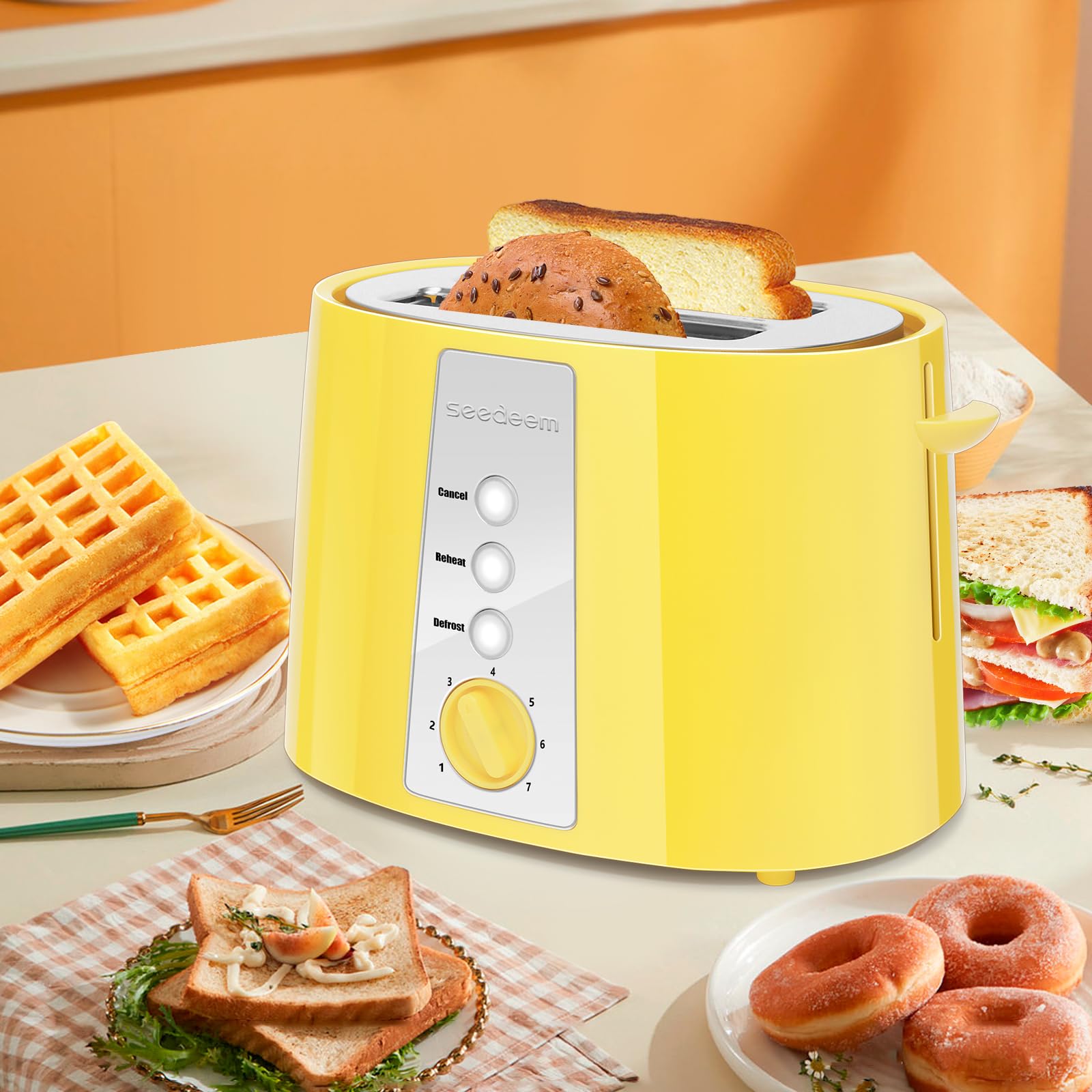 SEEDEEM Toaster 2 Slice, Extra Wide Slot Toaster, 7 Shade Settings, Bread Toaster with Cancel, Defrost, Reheat Function, Extra Wide Slots for Waffle or Bagel, Removable Crumb Tray, 750W, Lemon Yellow