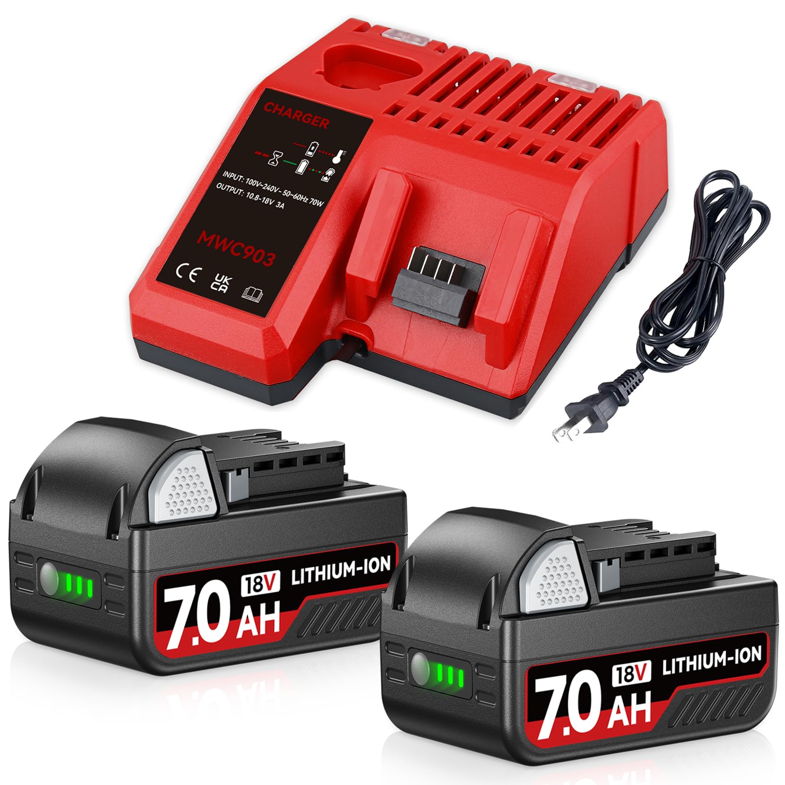 GROWFEAT 18V 2Pack 7.0Ah Battery and Charger Combo Kit Replacement for Milwaukee M-18 Battery, Lithium-ion 18volt Compatible with Milwaukee Battery 18V Cordless Tools