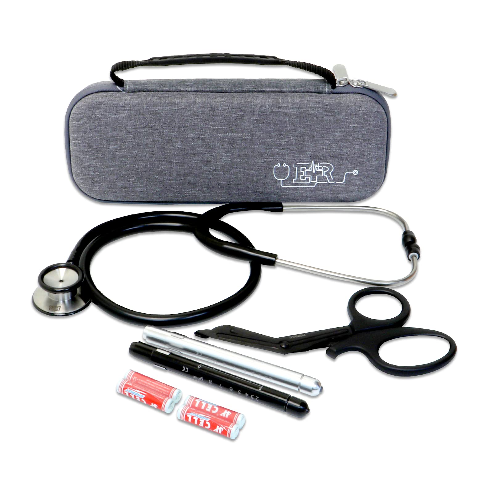 Ever Ready First Aid Stethoscope Case, Grey, with Rubber Grip Handle, Includes a Dual Head Stethescope, Titanium Shears,and 2 Penlights Black & Silver