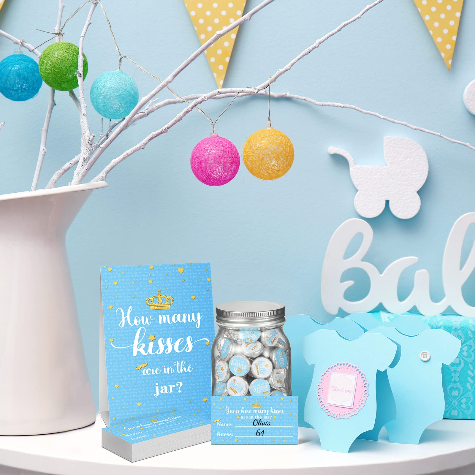 555 Pcs How Many Kisses Game Card Kit How Many Kisses Baby Shower Games Standing Sign Guessing Cards Baby Shower Stickers for Kid Baby Shower Sprinkle Birthday Party, No Candy and Jar (Blue Boy Style)