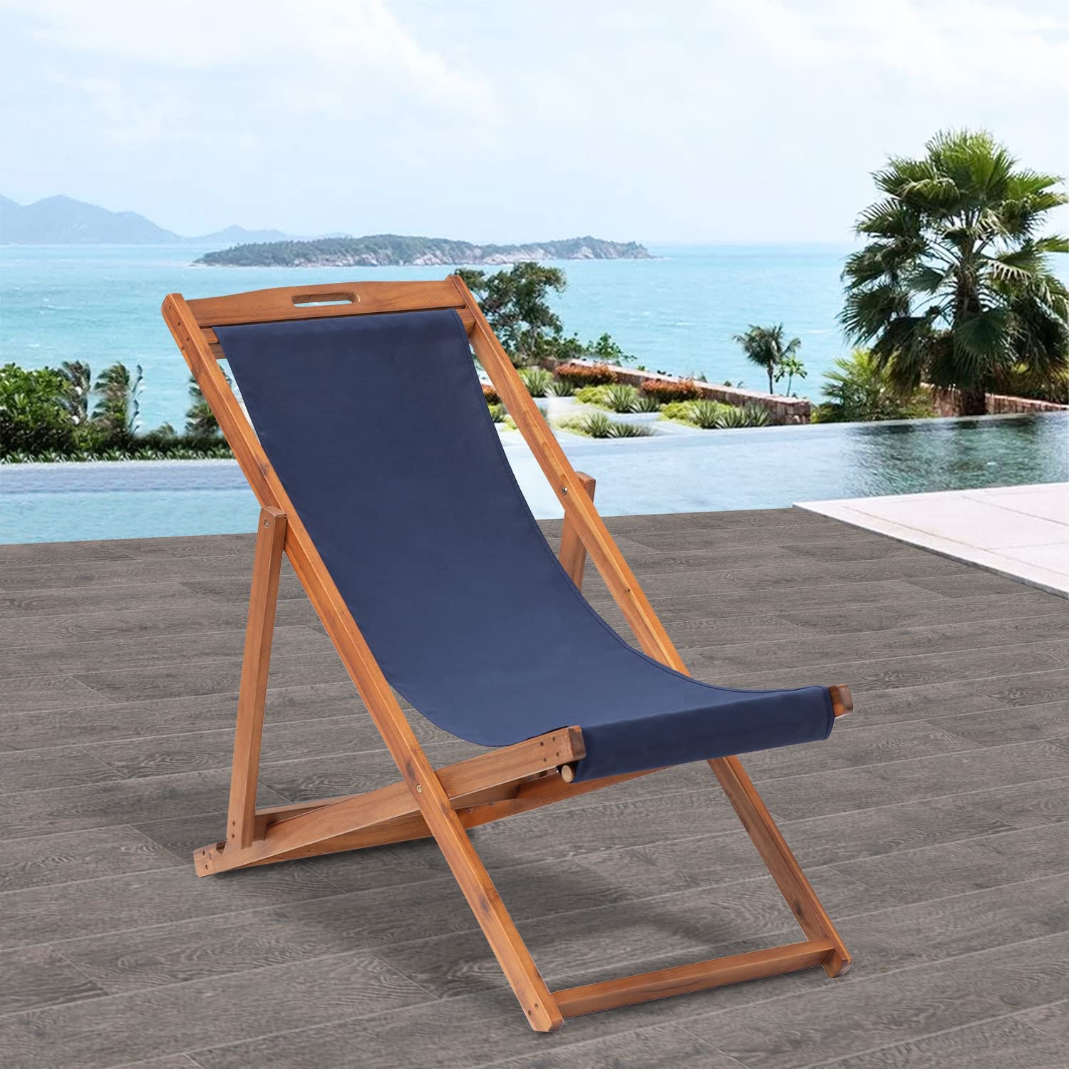 Yewuli Patio Lounge Chair Outdoor Beach Sling Chair Set of 2, Wooden Reclining Patio Chairs Foldable Beach Chairs with Polyester Canvas &Solid Wood Frame Patio Furniture, Blue