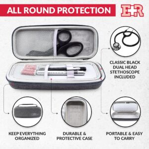 Ever Ready First Aid Stethoscope Case, Grey, with Rubber Grip Handle, Includes a Dual Head Stethescope, Titanium Shears,and 2 Penlights Black & Silver