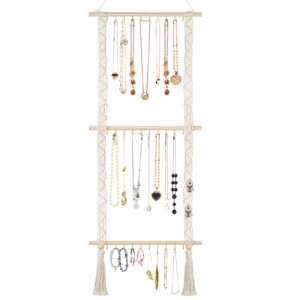 grathia hanging jewelry organizer macrame necklace holder with 30 hooks, wall mounted necklace rack, necklace hanger with tassel for necklaces bracelet earrings (beige)