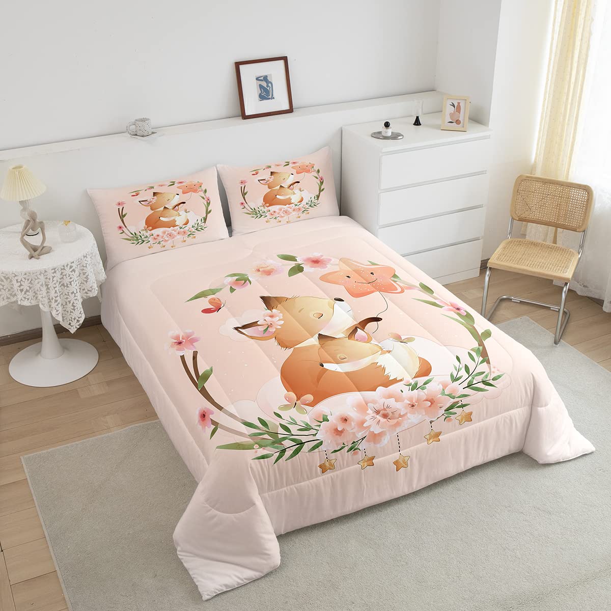 Erosebridal Kids Fox Comforter Set Twin for Girls Boys Woodland Animal Bedding Set, Pink Flower Bedding Comforter Sets Cute Stars Duvet Insert, Kawaii Jungle Wildlife Quilted Duvet Butterfly Decor