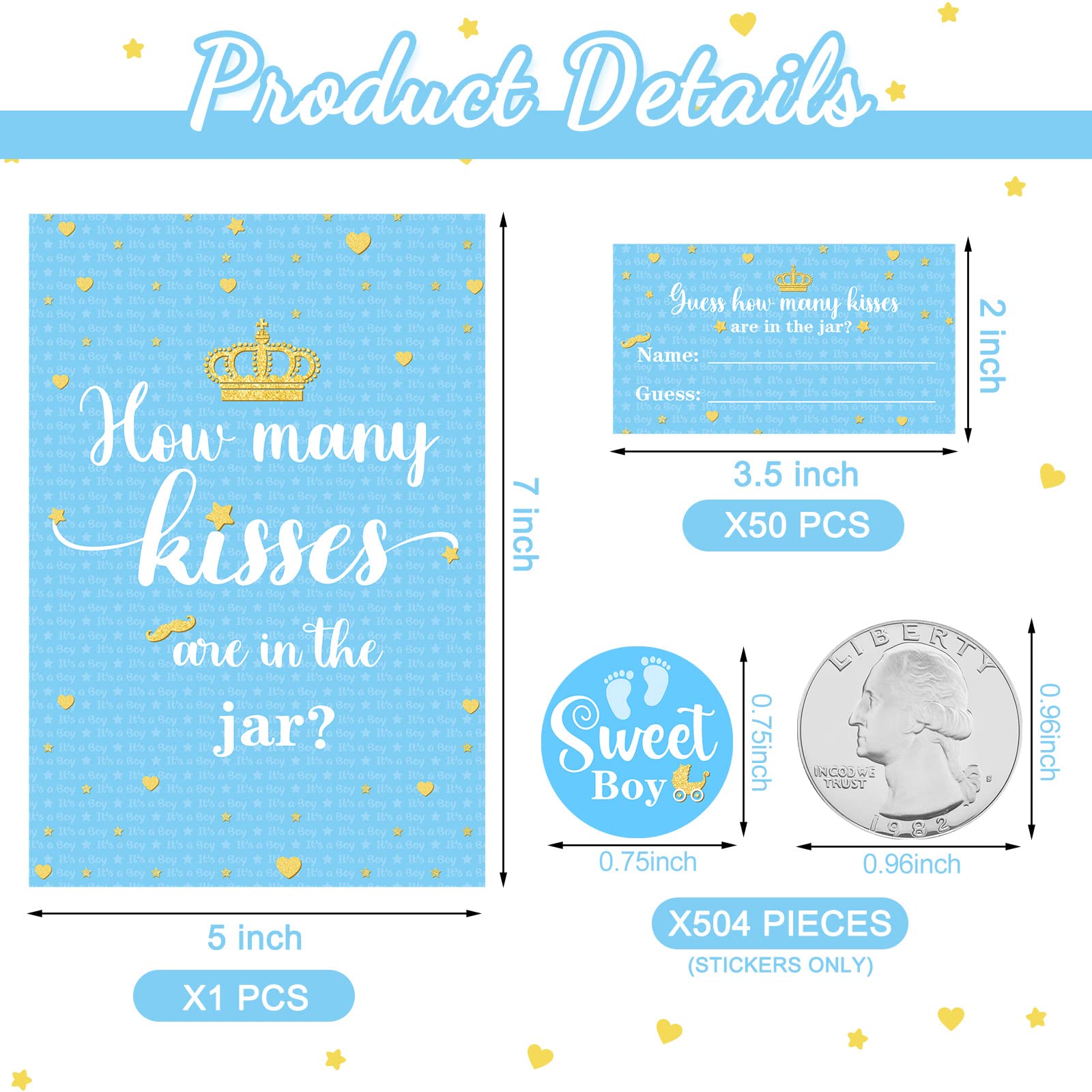 555 Pcs How Many Kisses Game Card Kit How Many Kisses Baby Shower Games Standing Sign Guessing Cards Baby Shower Stickers for Kid Baby Shower Sprinkle Birthday Party, No Candy and Jar (Blue Boy Style)