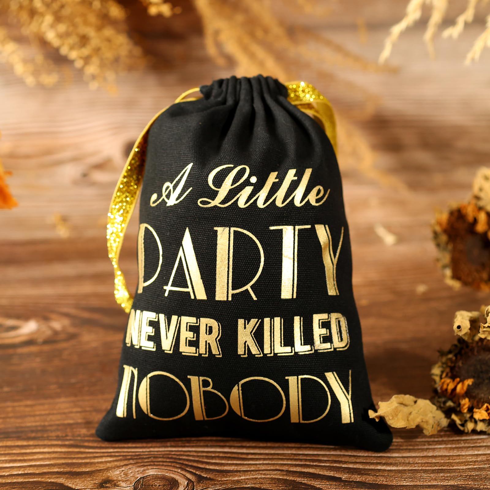 SHERWAY Gold Foil Wedding Bachelorette Party Favor Bags for Hangover Kits, Bridal Shower Wedding Party Cotton Drawstring Bags for Bridesmaid Gifts (10pcs, Black, 5 x 7 Inch)