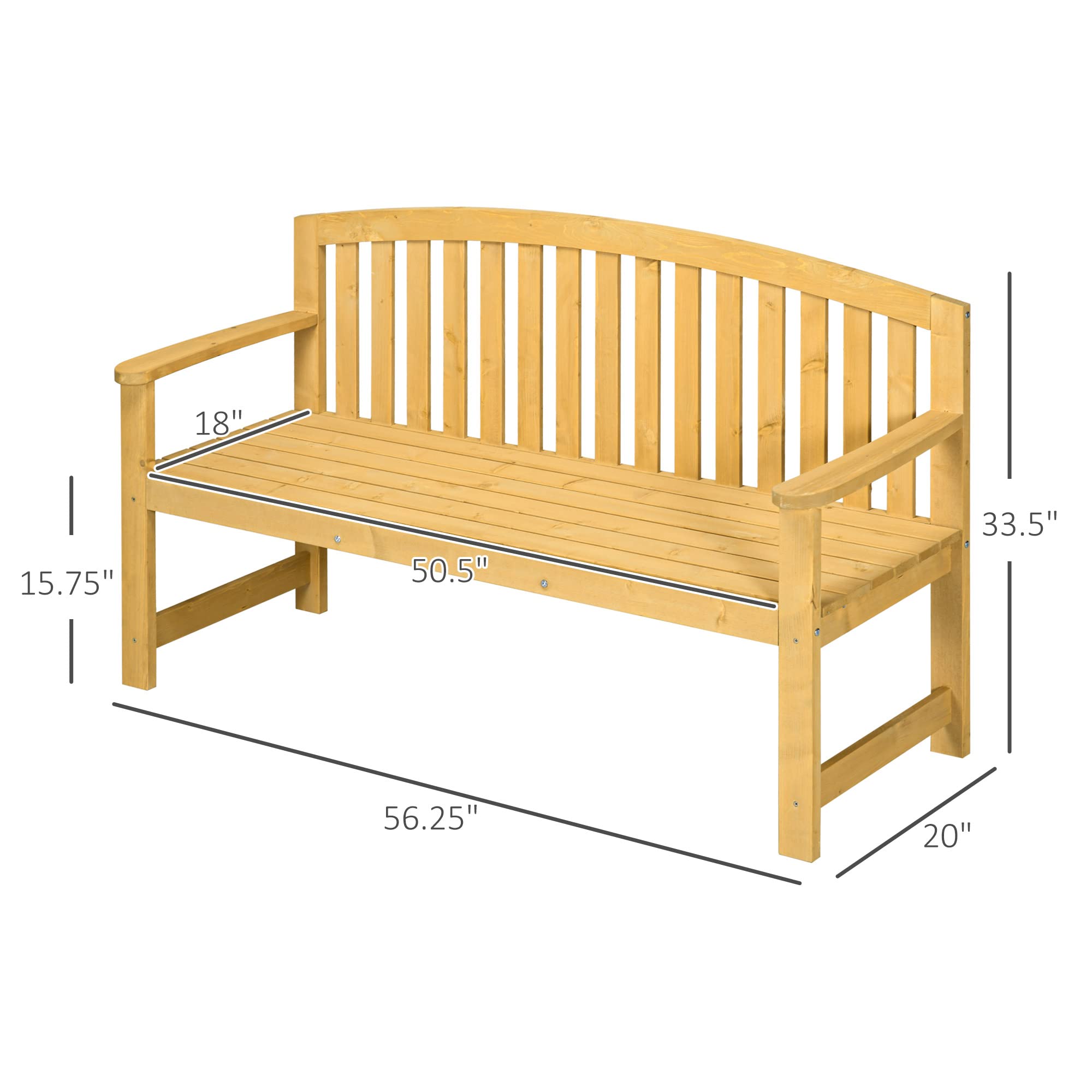 Outsunny 56" Outdoor Wood Bench, 2-Seater Garden Bench with Backrest and Armrest, Patio Bench for Patio, Porch, Poolside, Balcony, Natural