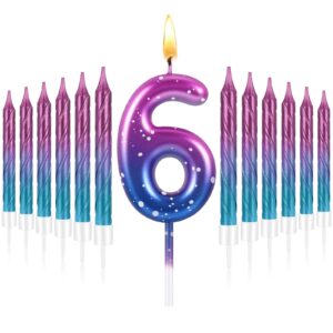 landhoow 2.36 inch birthday candles purple to blue gradient candle with 12 pcs gradient spiral candle for baby birthday cake topper anniversary wedding party decor (number 6)