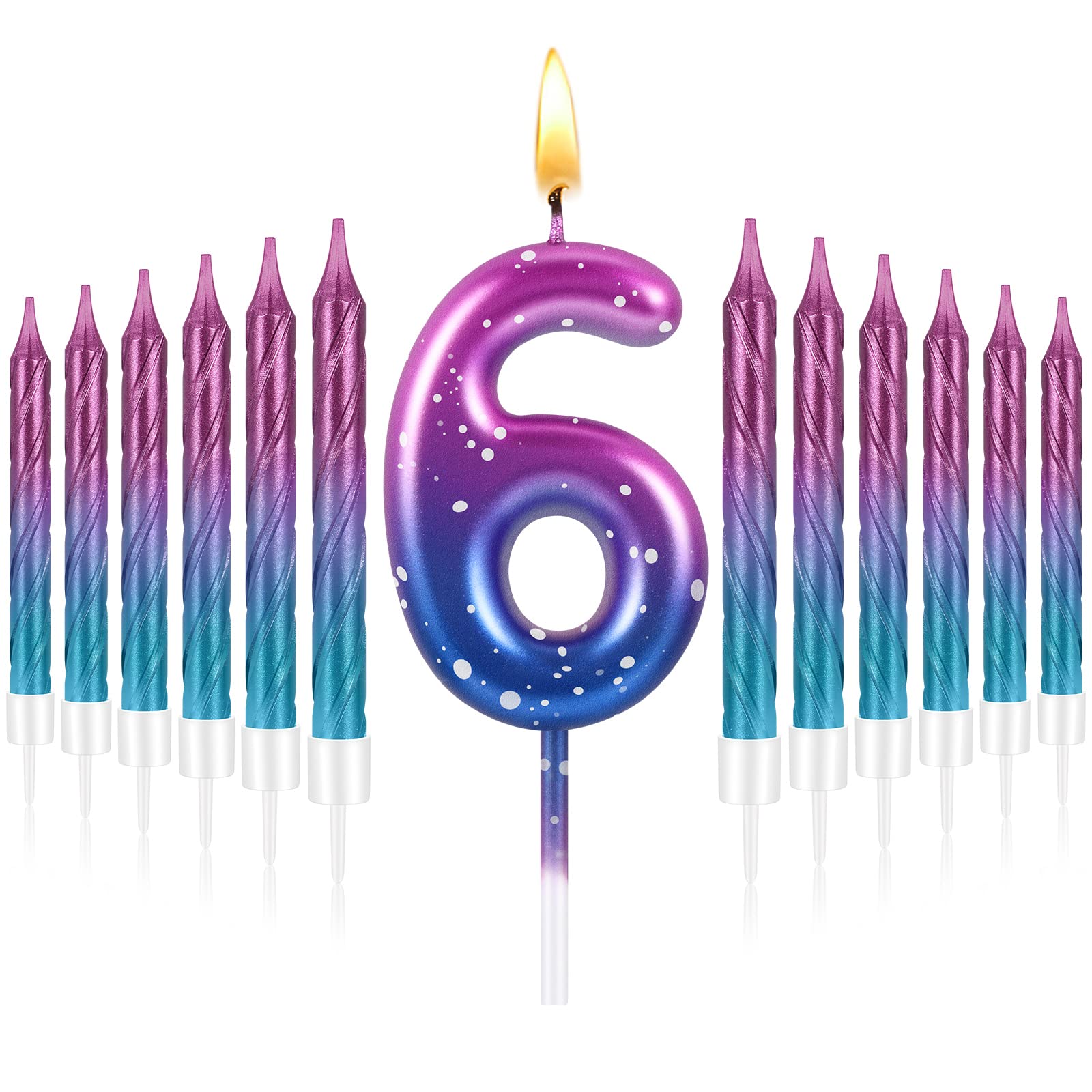 Landhoow 2.36 Inch Birthday Candles Purple to Blue Gradient Candle with 12 Pcs Gradient Spiral Candle for Baby Birthday Cake Topper Anniversary Wedding Party Decor (Number 6)