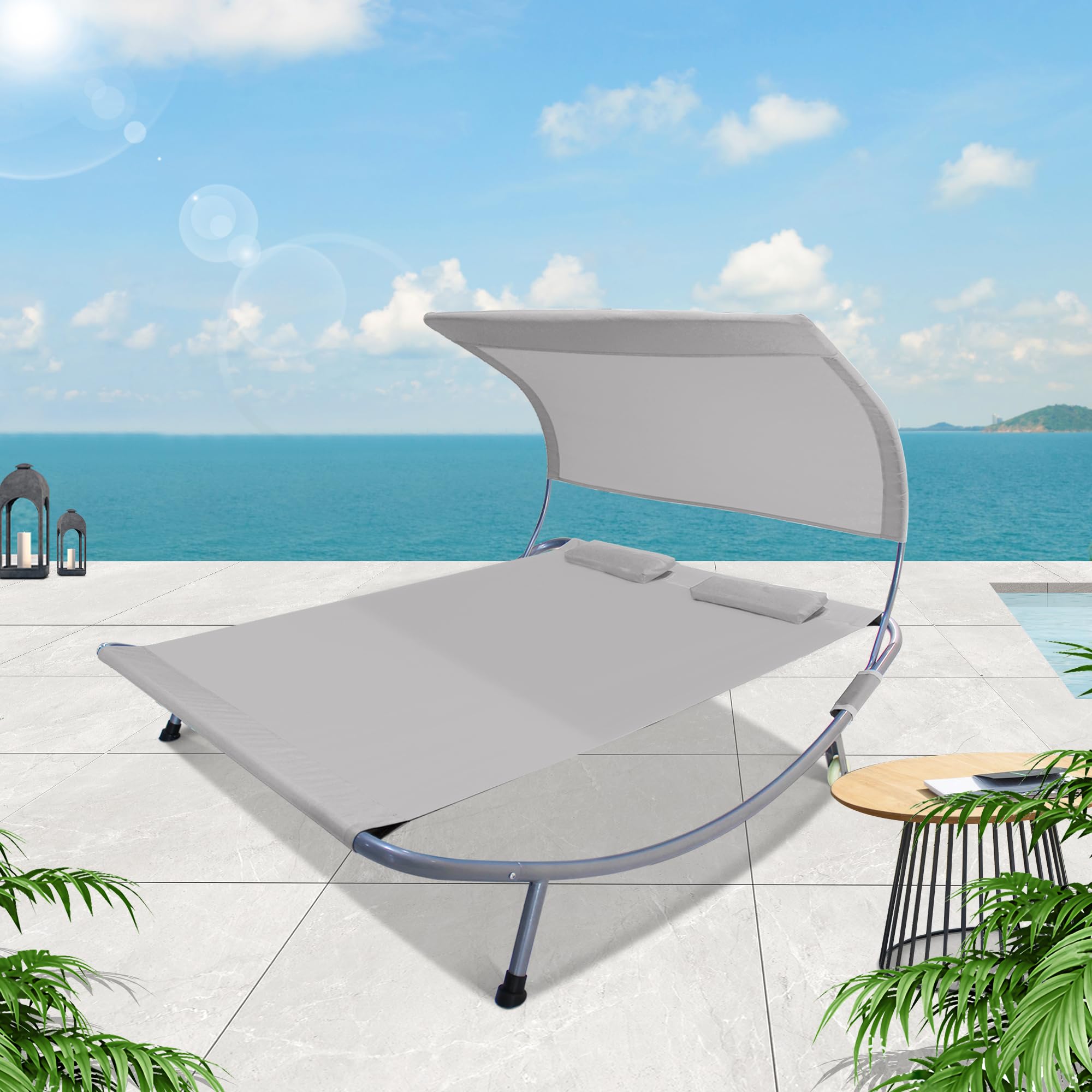 QZEN Double Chaise Lounge Bed with Canopy & Headrest Pillow, Outdoor Patio Daybed with Wheelsfor Beach, Backyard, Lawn, Garden, Courtyard (Grey)