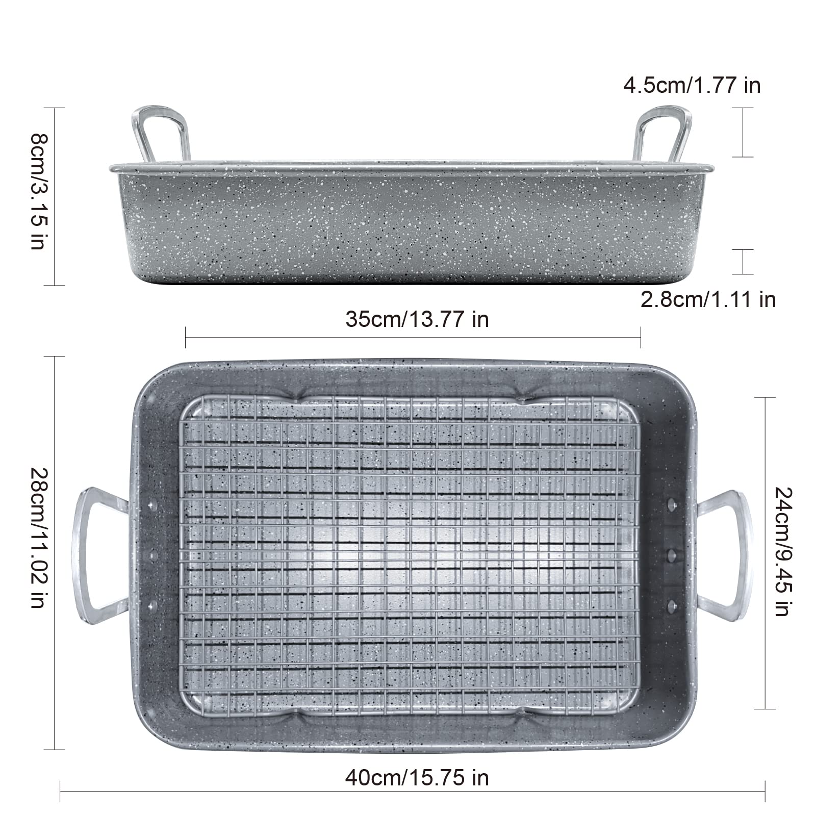 Roaster Pan with Rack Nonstick Roasting Baking Pan with Handle Carbon Steel Barbecue Baking Tray Pans for Roasting Turkey Chicken Vegetables Beef Seafood Pasta etc (15.7Inch)