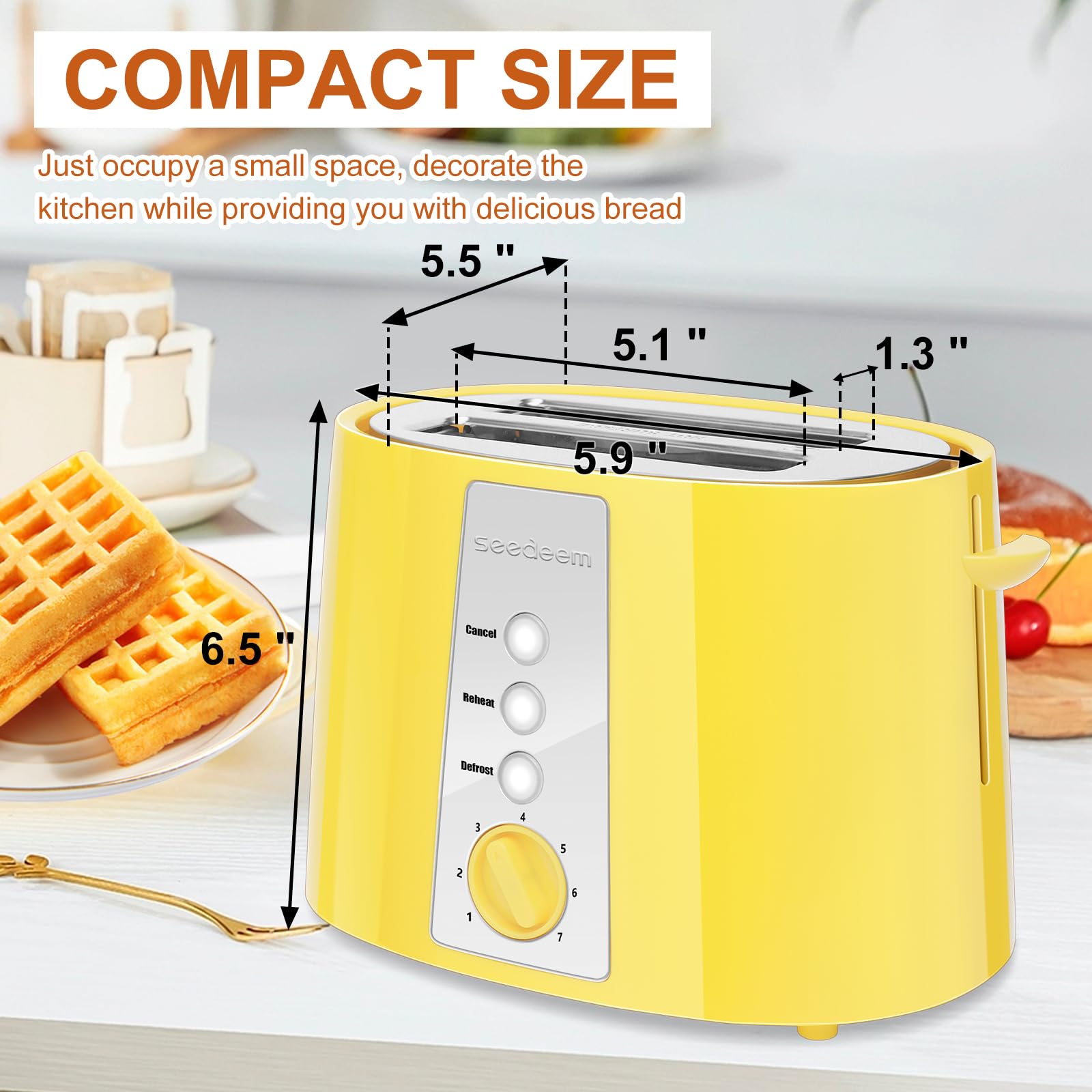 SEEDEEM Toaster 2 Slice, Extra Wide Slot Toaster, 7 Shade Settings, Bread Toaster with Cancel, Defrost, Reheat Function, Extra Wide Slots for Waffle or Bagel, Removable Crumb Tray, 750W, Lemon Yellow