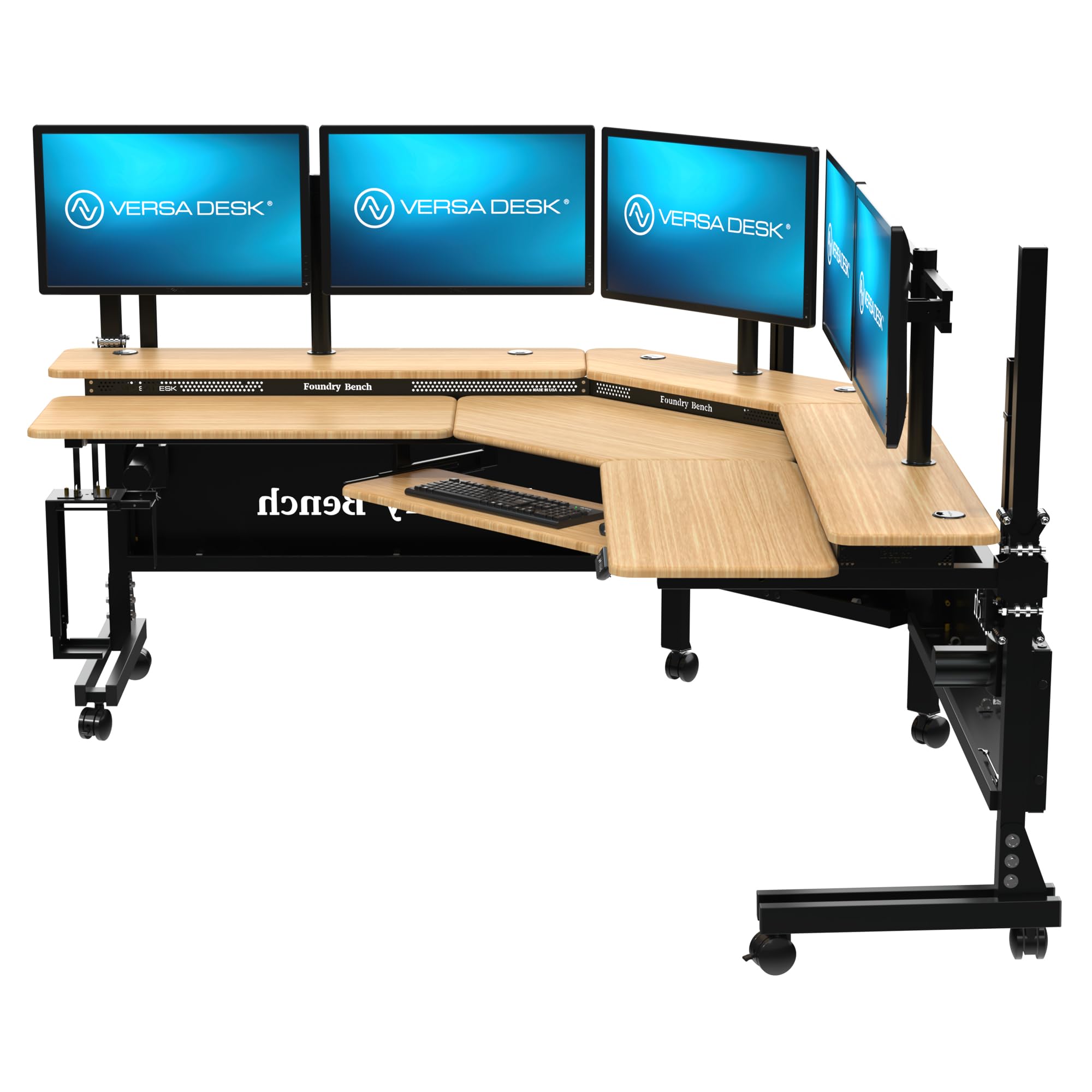 VERSADESK® Foundry Bench 80" x 80" Extra Wide L-Shaped Split-Level Corner Standing Desk | Electric Height Adjustable. 1" Bamboo Surface. USB & USBC Charging Ports. Mobile App Controllable.